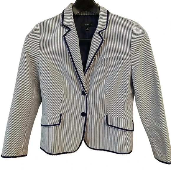 Talbots Seersucker White And Navy Blazer Size 12 Classic Career Interview Preppy - Picture 1 of 12
